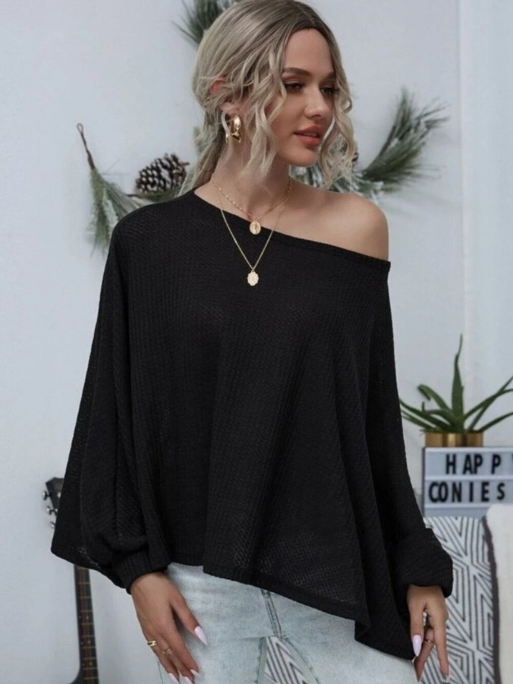 SHEIN ✦ Long Sleeve Top ✦ Black Waffle Knit Off‑Shoulder Batwing Sleeves XS NWT